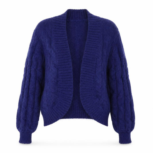 Front view of Emreco Women’s Blue Cable Knit Mohair Wool Cardigan M