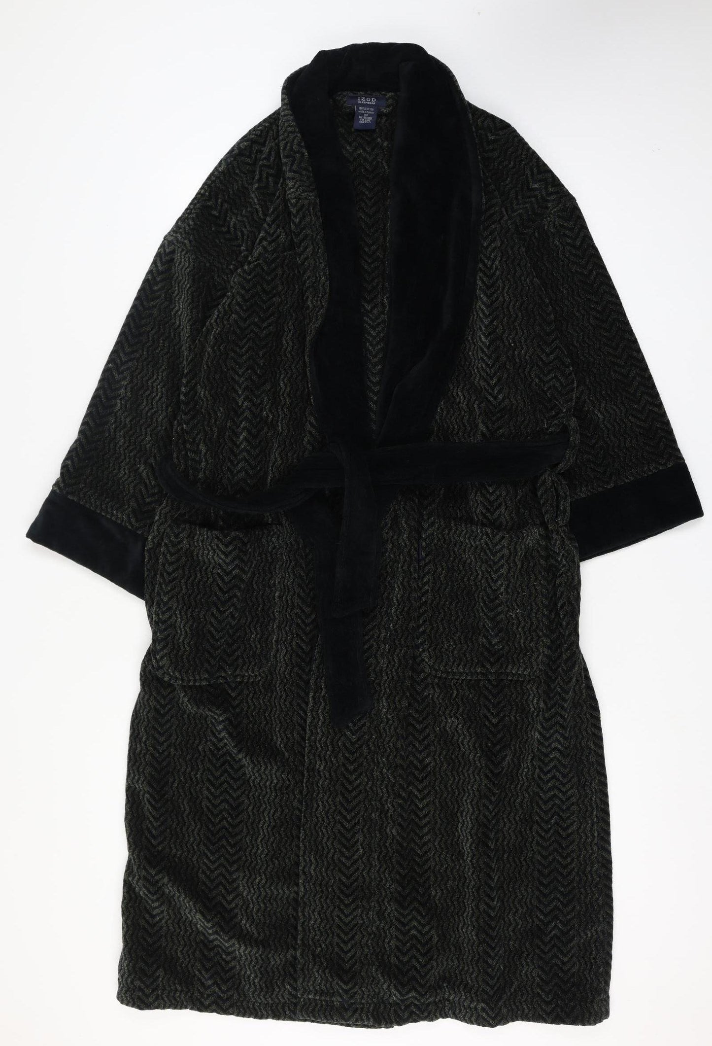 Izod Men's Black Cotton Robe One Size Herringbone Belted Nightwear