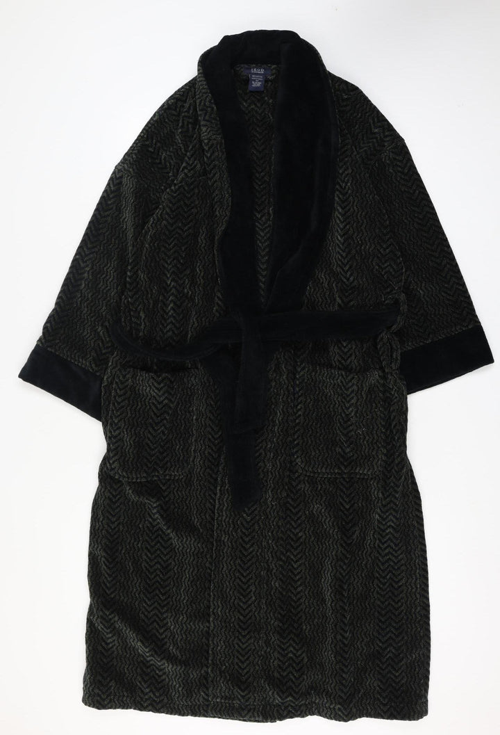 Izod Men's Black Cotton Robe One Size Herringbone Belted Nightwear