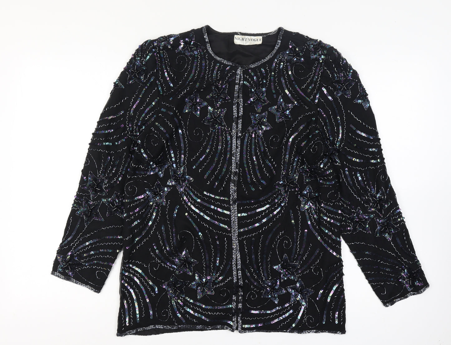 Night Vogue Women's Black Beaded Sequin Tunic Blouse Size M