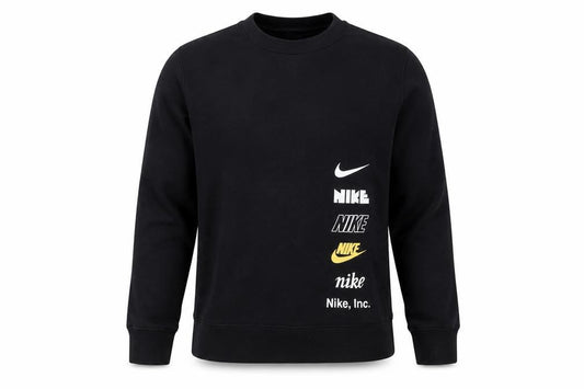 Front view of Nike boys’ black medium crew neck pullover sweatshirt with logo print
