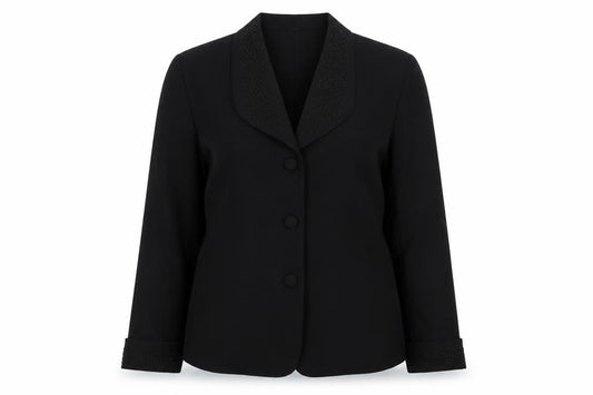 Front view of Requirements Women Black, size 12, Shawl Lapel Beaded Blazer