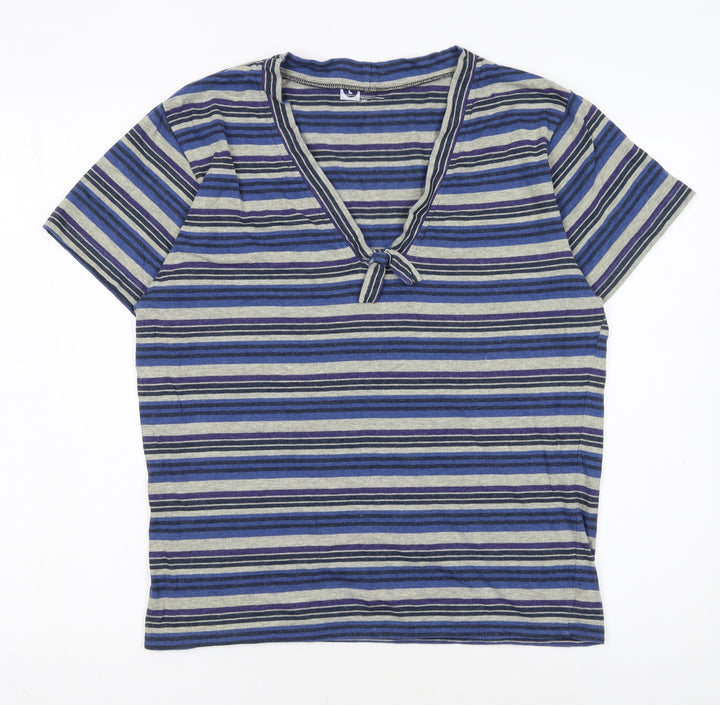 Cedar Wood State Men Blue Striped V-Neck Short Sleeve T-Shirt L