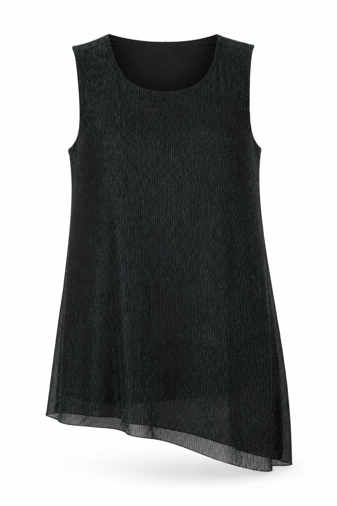 Front view of Evans women’s black metallic sleeveless tunic top, size UK 22