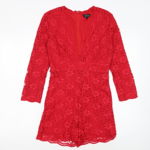 Topshop Women Red Lace Long Sleeve Playsuit UK 10 Partywear