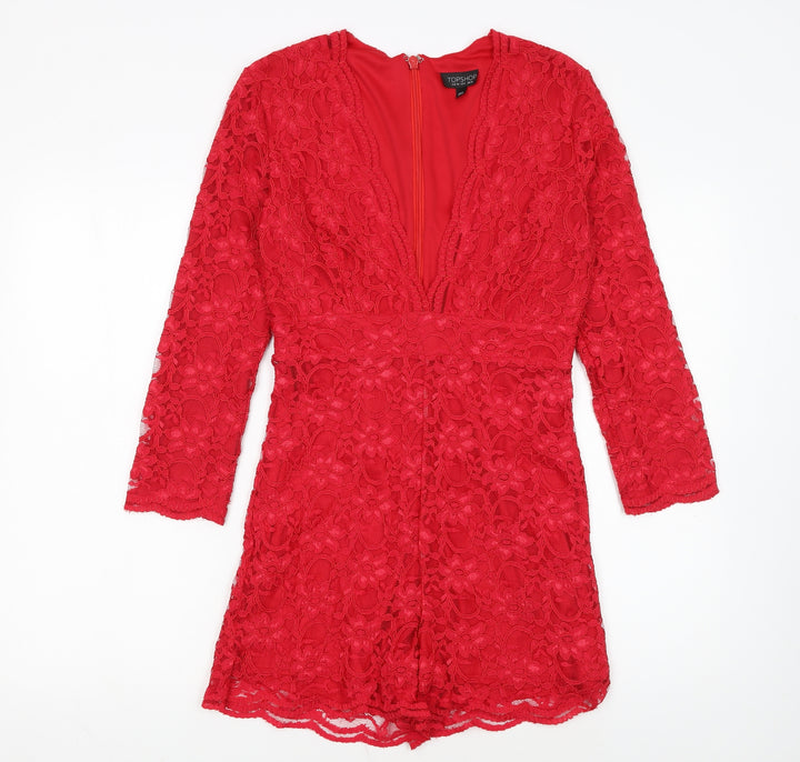 Topshop Women Red Lace Long Sleeve Playsuit UK 10 Partywear
