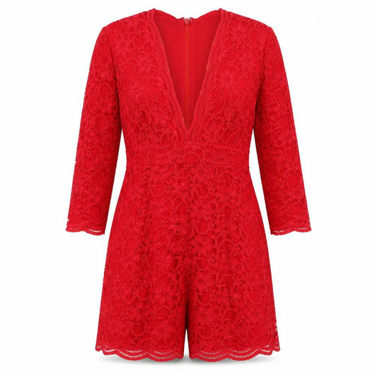 Topshop Women Red Lace Long Sleeve Playsuit UK 10 Partywear