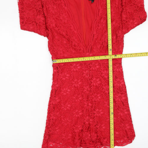 Topshop Women Red Lace Long Sleeve Playsuit UK 10 Partywear