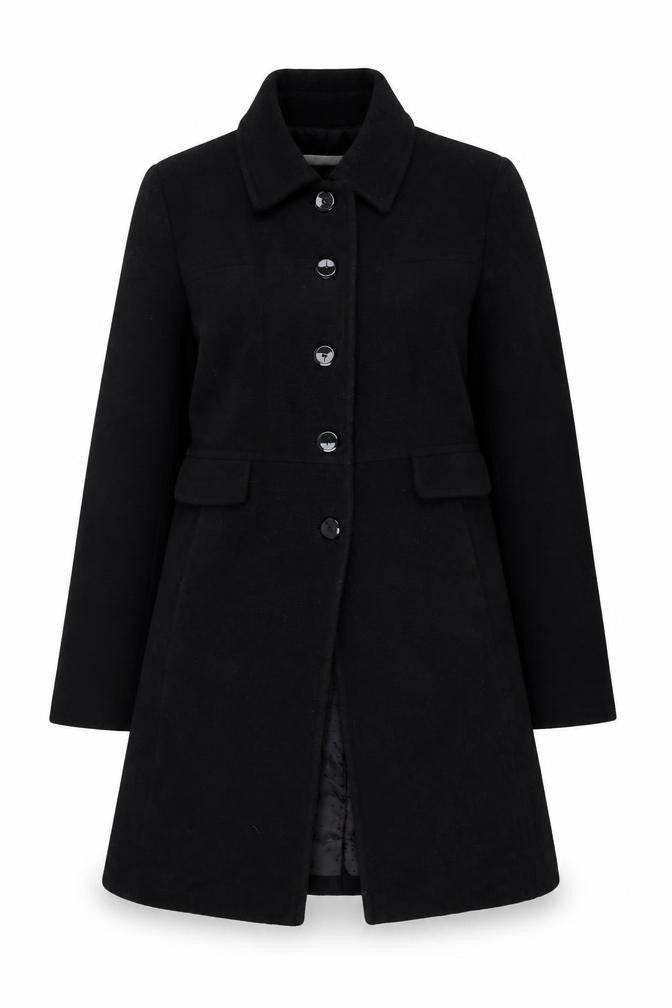 Front view of Worthington Women's Black Wool Blend Petite Medium Long Overcoat