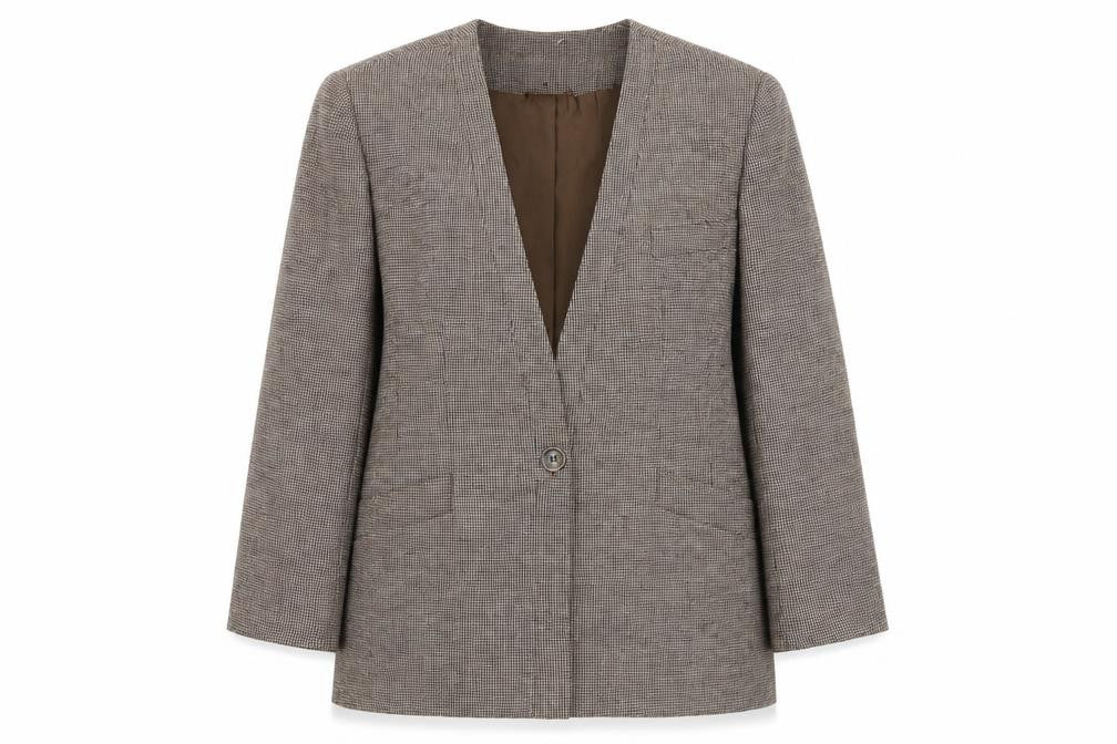 Front view of Sweet Suit Petite Brown Checked Wool Blend Single-Breasted Blazer, size 10