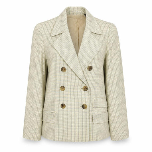 Front view of Ellen Tracy Women's Beige Check Double-Breasted Blazer, size 12