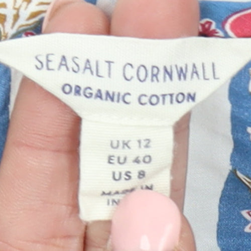 Seasalt Cornwall Women Blue Floral Stripe Organic Cotton Tunic Blouse UK 12