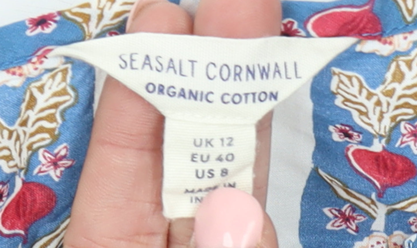 Seasalt Cornwall Women Blue Floral Stripe Organic Cotton Tunic Blouse UK 12