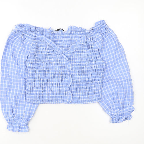 ZARA Women Blue Check Cropped Off Shoulder Blouse Size L
