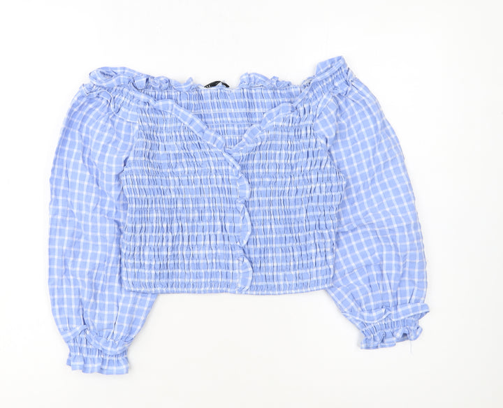 ZARA Women Blue Check Cropped Off Shoulder Blouse Size L