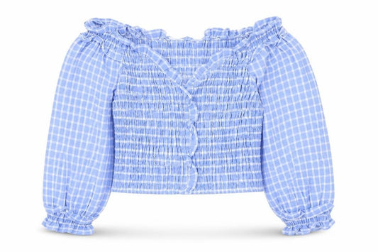 Front view of Zara Women Blue Check Cropped Off Shoulder Blouse, size L