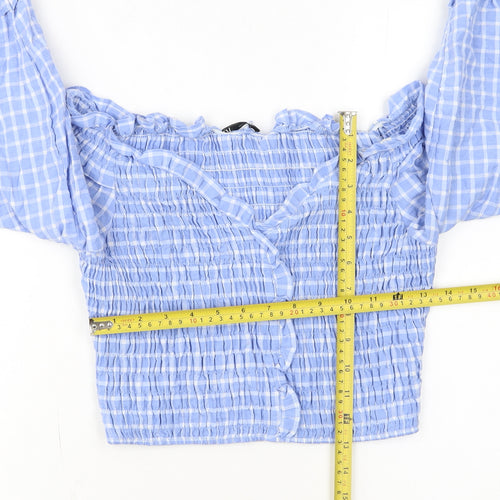 ZARA Women Blue Check Cropped Off Shoulder Blouse Size L