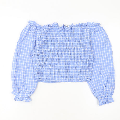 ZARA Women Blue Check Cropped Off Shoulder Blouse Size L