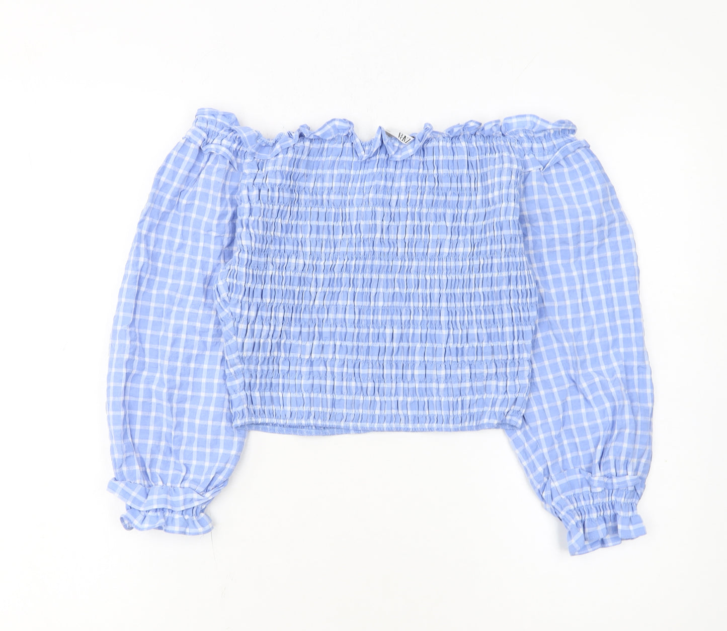 ZARA Women Blue Check Cropped Off Shoulder Blouse Size L
