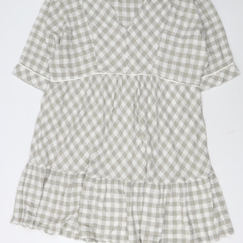 Next Women Beige Check Smock Dress Size 16 V-Neck Casual Linen Blend