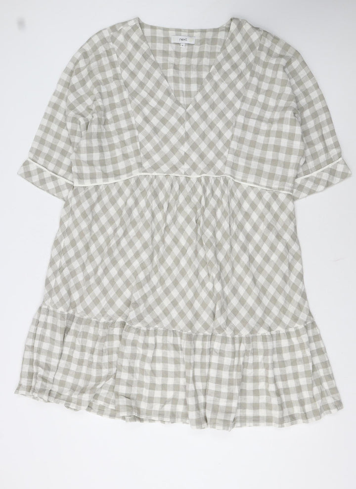 Next Women Beige Check Smock Dress Size 16 V-Neck Casual Linen Blend