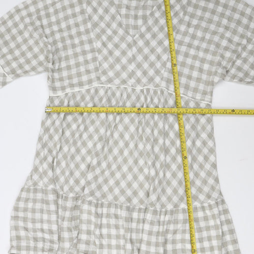 Next Women Beige Check Smock Dress Size 16 V-Neck Casual Linen Blend