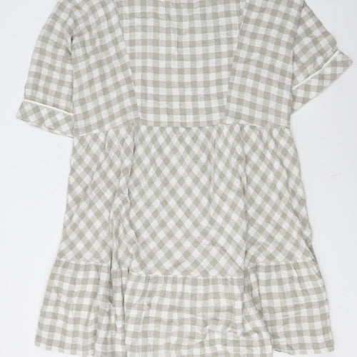 Next Women Beige Check Smock Dress Size 16 V-Neck Casual Linen Blend