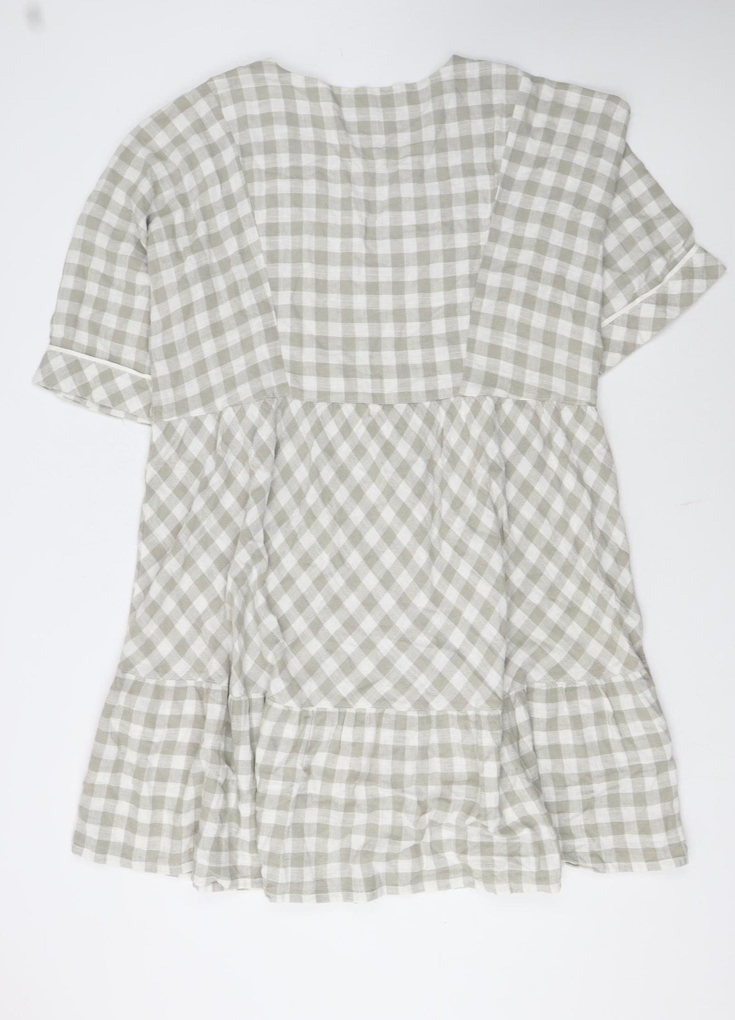 Next Women Beige Check Smock Dress Size 16 V-Neck Casual Linen Blend