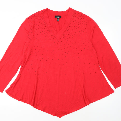 Marble Women’s Red Long Sleeve V-Neck Tunic Blouse Size 2XL