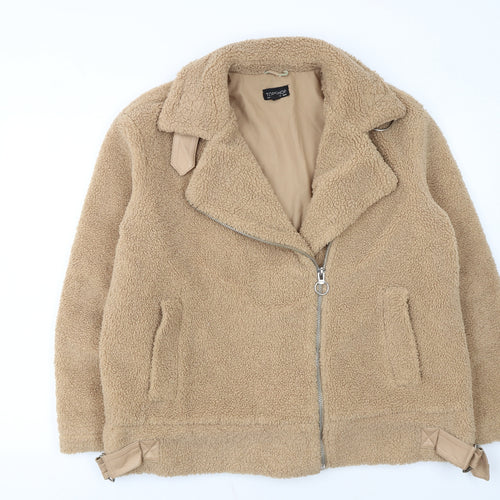 Topshop Women’s Beige Fleece Biker Jacket Size M Zip Lined Autumn Winter
