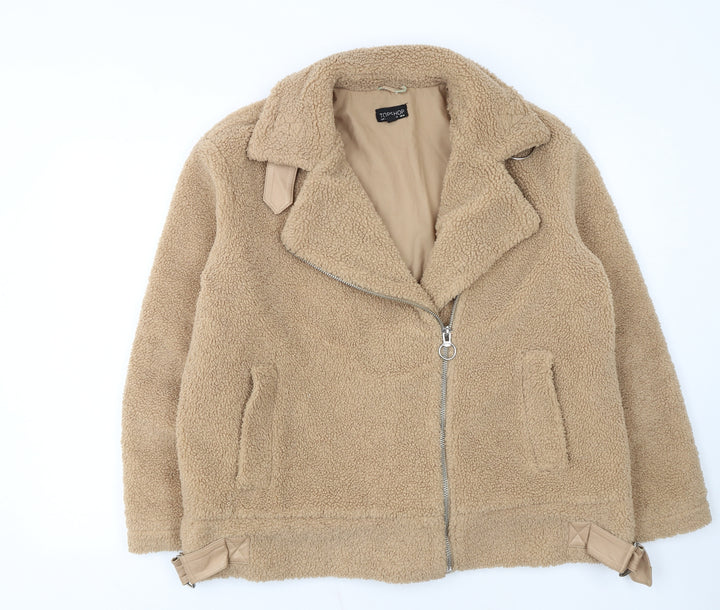 Topshop Women’s Beige Fleece Biker Jacket Size M Zip Lined Autumn Winter