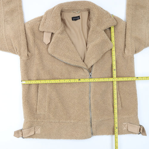 Topshop Women’s Beige Fleece Biker Jacket Size M Zip Lined Autumn Winter