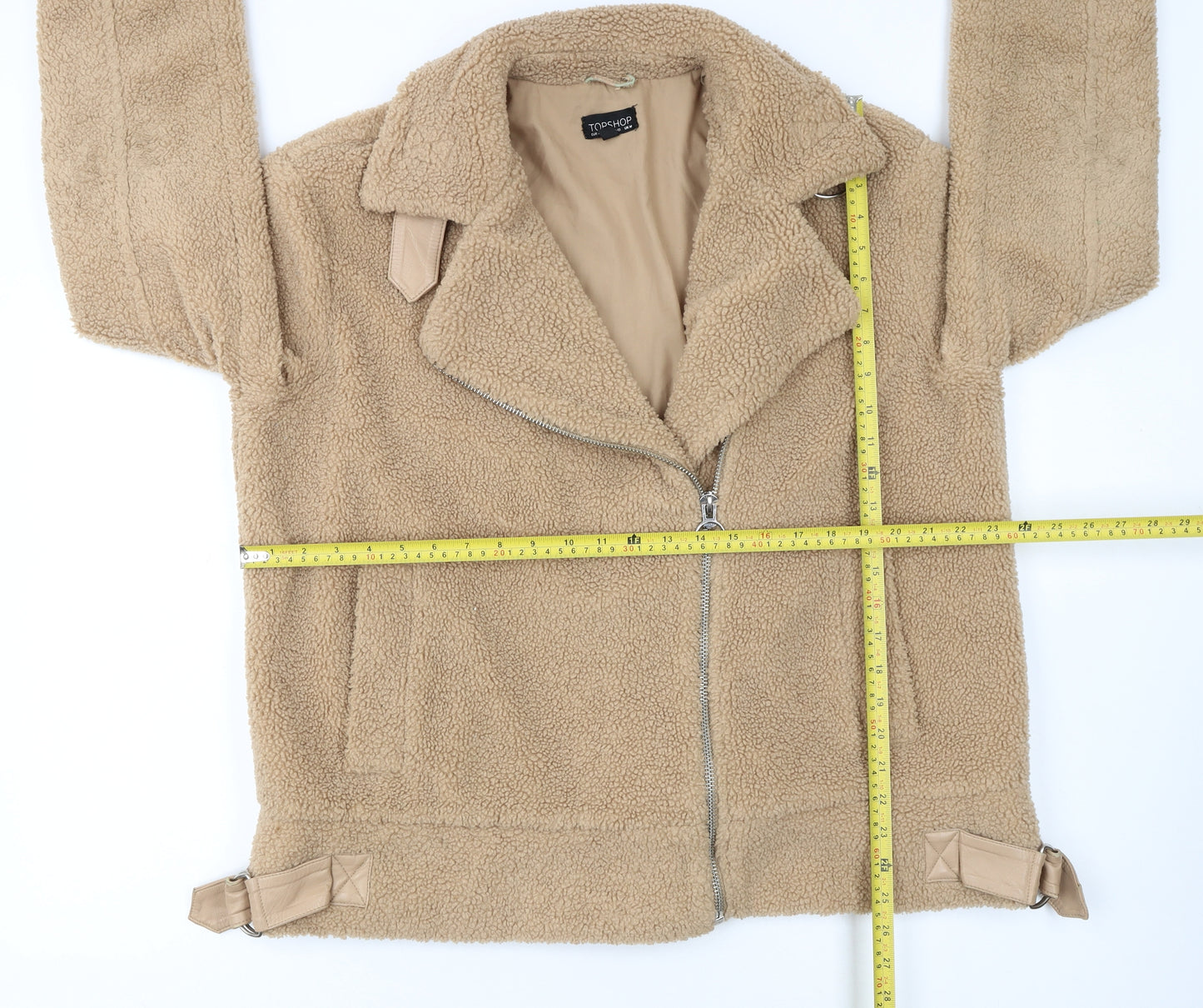 Topshop Women’s Beige Fleece Biker Jacket Size M Zip Lined Autumn Winter