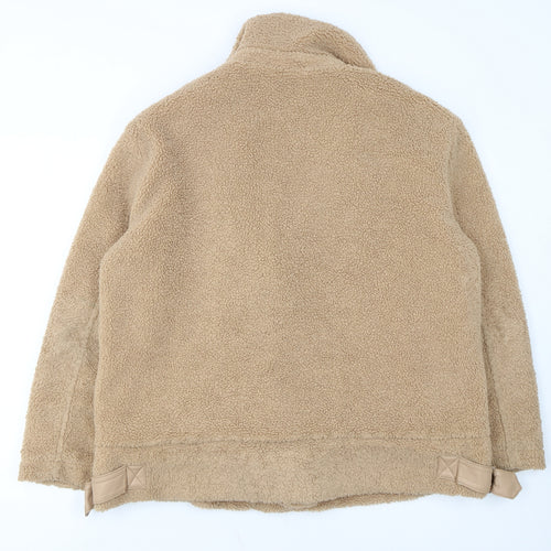 Topshop Women’s Beige Fleece Biker Jacket Size M Zip Lined Autumn Winter