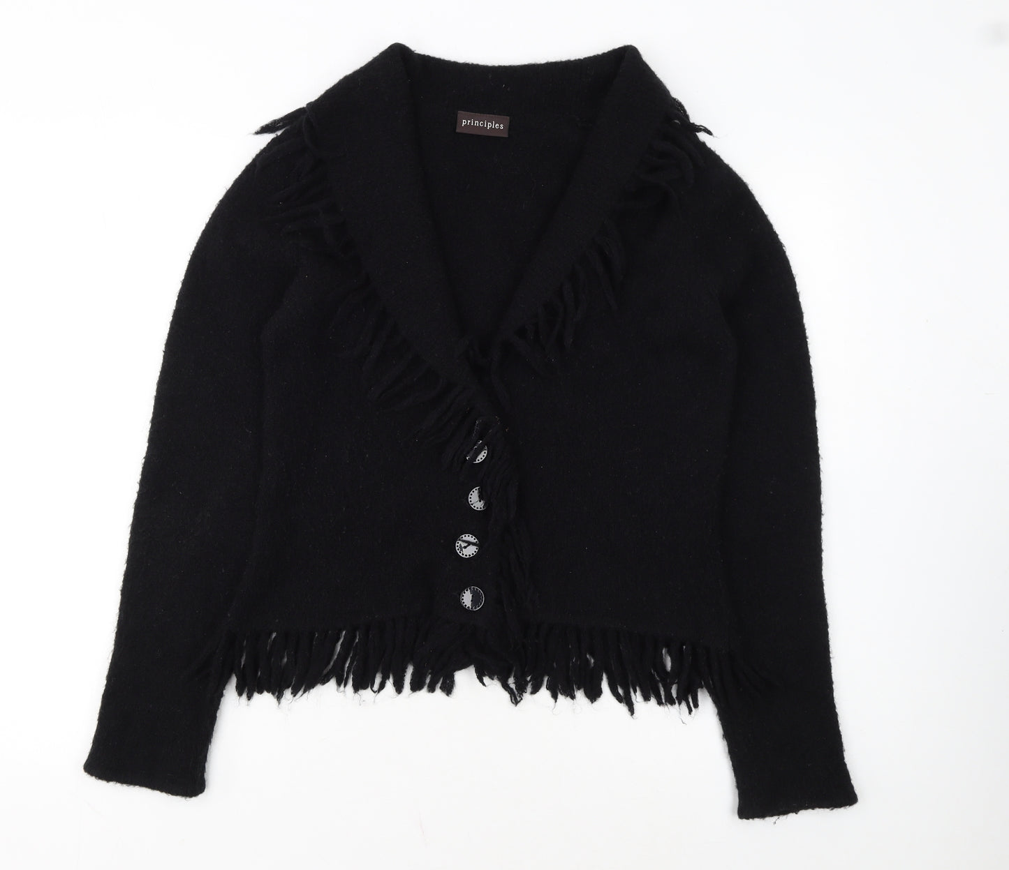 Principles Womens Black Fringed Button Cardigan Size M