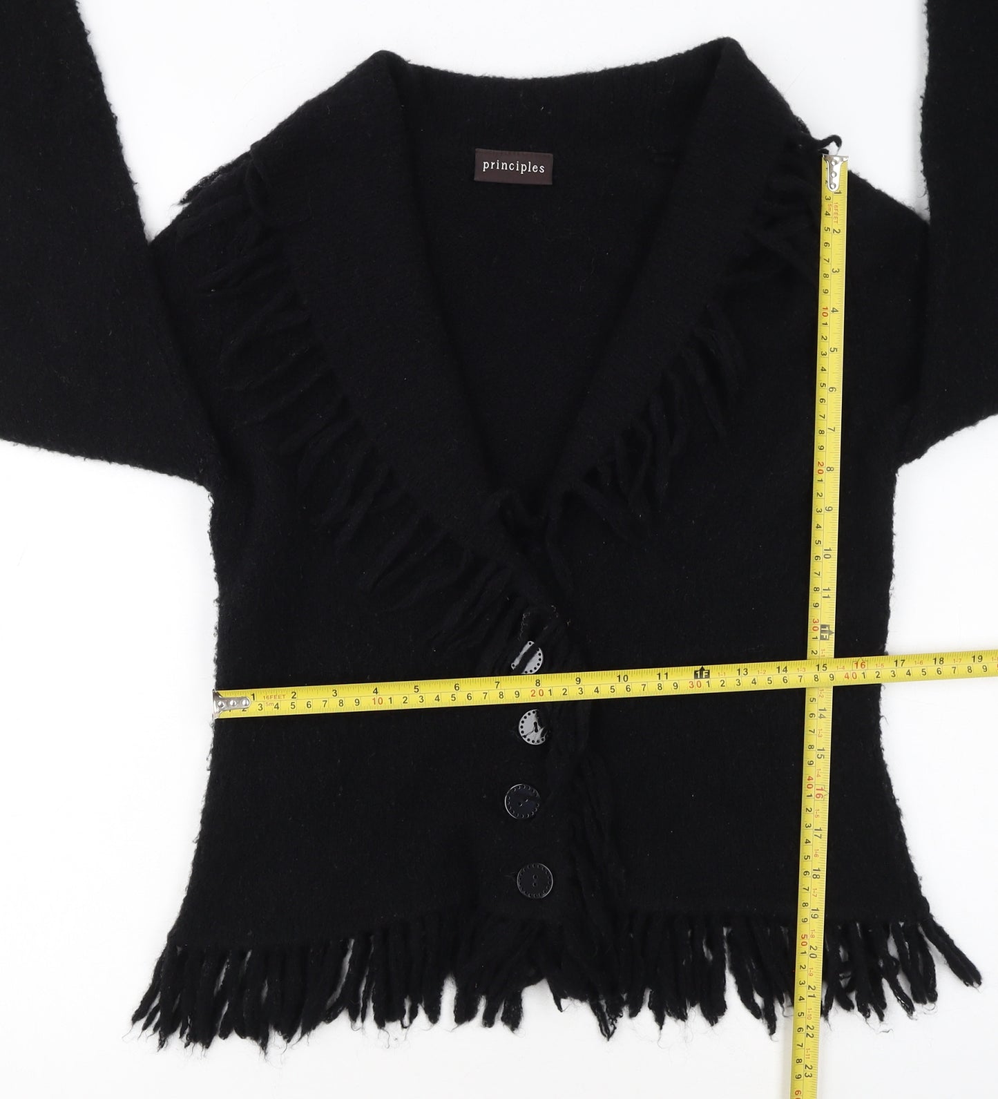 Principles Womens Black Fringed Button Cardigan Size M