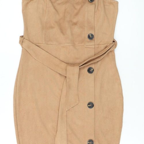 AX Paris Women Beige Size 10 Sleeveless Belted Suede Pinafore Dress