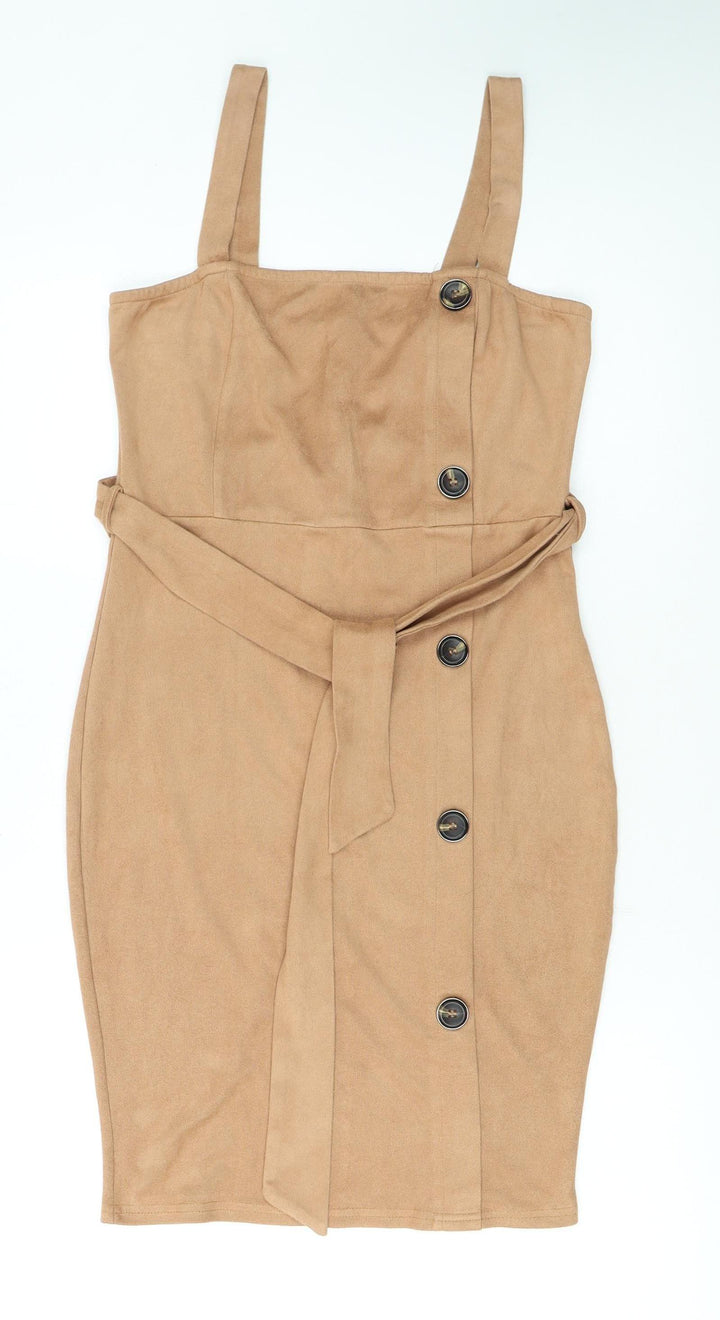 AX Paris Women Beige Size 10 Sleeveless Belted Suede Pinafore Dress