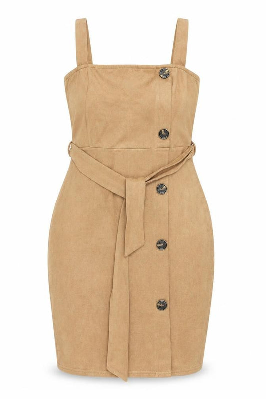 Front view of AX Paris Women Beige, size 10, Sleeveless Belted Suede Pinafore Dress