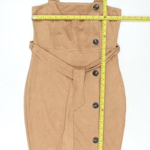 AX Paris Women Beige Size 10 Sleeveless Belted Suede Pinafore Dress