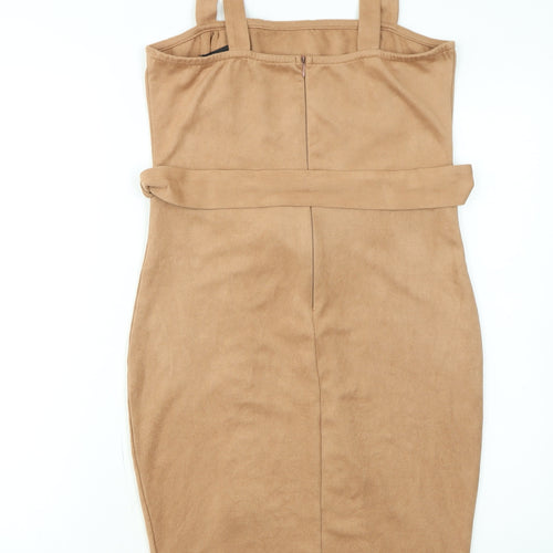 AX Paris Women Beige Size 10 Sleeveless Belted Suede Pinafore Dress