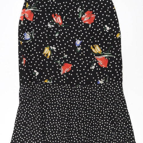 Oasis Womens Black Floral Polka Dot Midi Flare Skirt Size 14
