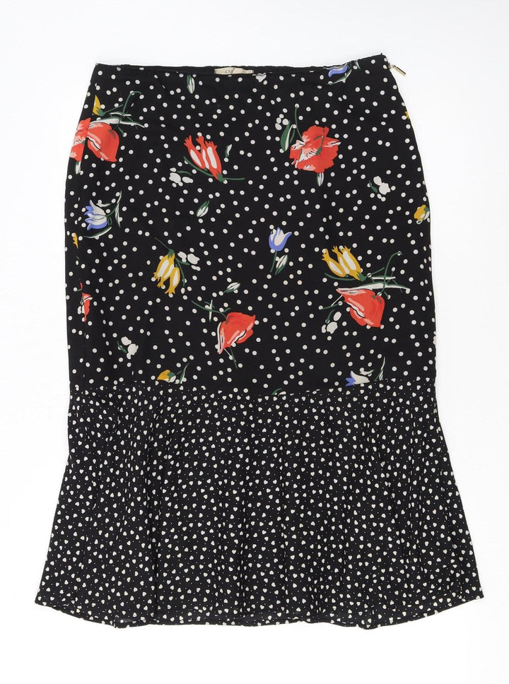 Oasis Womens Black Floral Polka Dot Midi Flare Skirt Size 14
