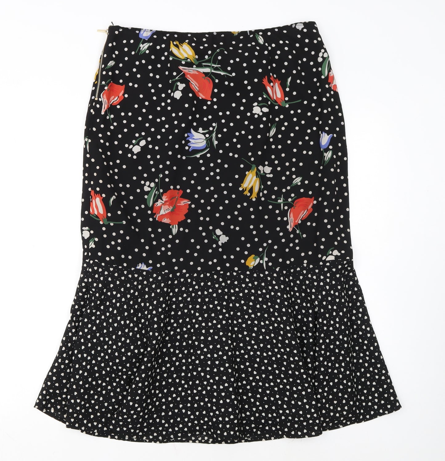 Oasis Womens Black Floral Polka Dot Midi Flare Skirt Size 14