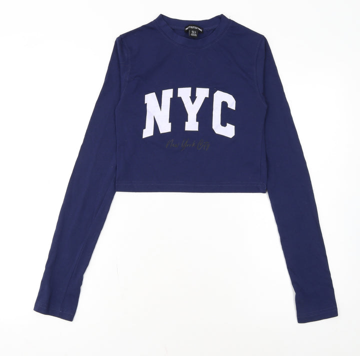 PrettyLittleThing Women Blue Cropped Long Sleeve NYC T-Shirt Size 8