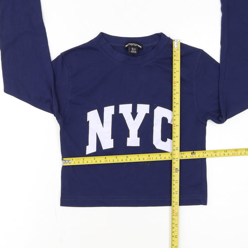 PrettyLittleThing Women Blue Cropped Long Sleeve NYC T-Shirt Size 8