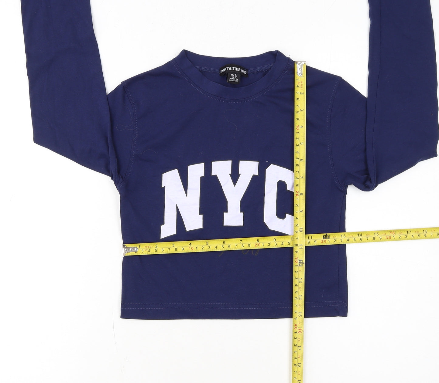 PrettyLittleThing Women Blue Cropped Long Sleeve NYC T-Shirt Size 8