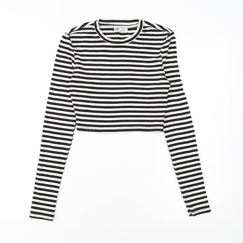 Zara Women Black Striped Cropped Long Sleeve T-Shirt Size S