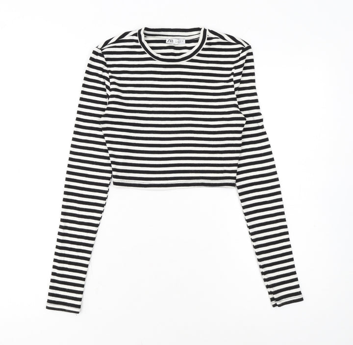Zara Women Black Striped Cropped Long Sleeve T-Shirt Size S