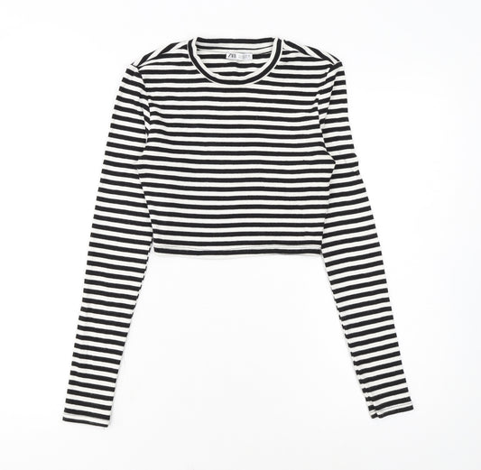 Zara Women Black Striped Cropped Long Sleeve T-Shirt Size S